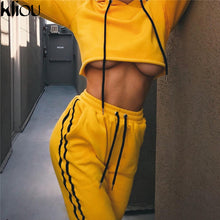 Kliou 2017 Fashion 2 Piece Set Women Yellow Crop Top And Pants Suit Sexy Hooded Seriped Casual 2 Pcs Set Tracksuit