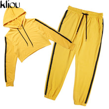 Kliou 2017 Fashion 2 Piece Set Women Yellow Crop Top And Pants Suit Sexy Hooded Seriped Casual 2 Pcs Set Tracksuit