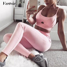Vertvie Brand 2017 Sexy Hollow Women's Tracksuit Pink Solid Sport Sets Push Up Yoga Bra Vest +Pants Leggings Workout Sportwear