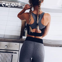 CALOFE Womens Two piece Yoga Set black grey Fitness Stars Tracksuit for Women Sportswear Crop Top Sports Pants Gym Jogging Suit