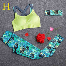 Women Yoga Fitness Sports Sets Gym Workout Sportswear 3pcs/Set Tracksuits Headband+Bra+Printed Yoga Pants Sport Leggings Suits