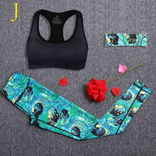 Women Yoga Fitness Sports Sets Gym Workout Sportswear 3pcs/Set Tracksuits Headband+Bra+Printed Yoga Pants Sport Leggings Suits