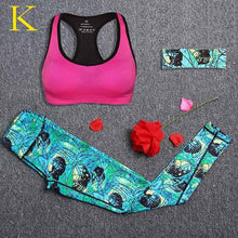 Women Yoga Fitness Sports Sets Gym Workout Sportswear 3pcs/Set Tracksuits Headband+Bra+Printed Yoga Pants Sport Leggings Suits