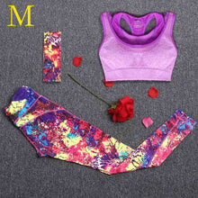 Women Yoga Fitness Sports Sets Gym Workout Sportswear 3pcs/Set Tracksuits Headband+Bra+Printed Yoga Pants Sport Leggings Suits