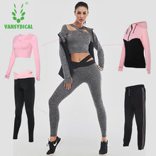 Vansydical Women Running Suits Tracksuit Women 4pcs Gym Clothing Woman Sports Suits Yoga Legging Sport Bra Fitness Tights Female